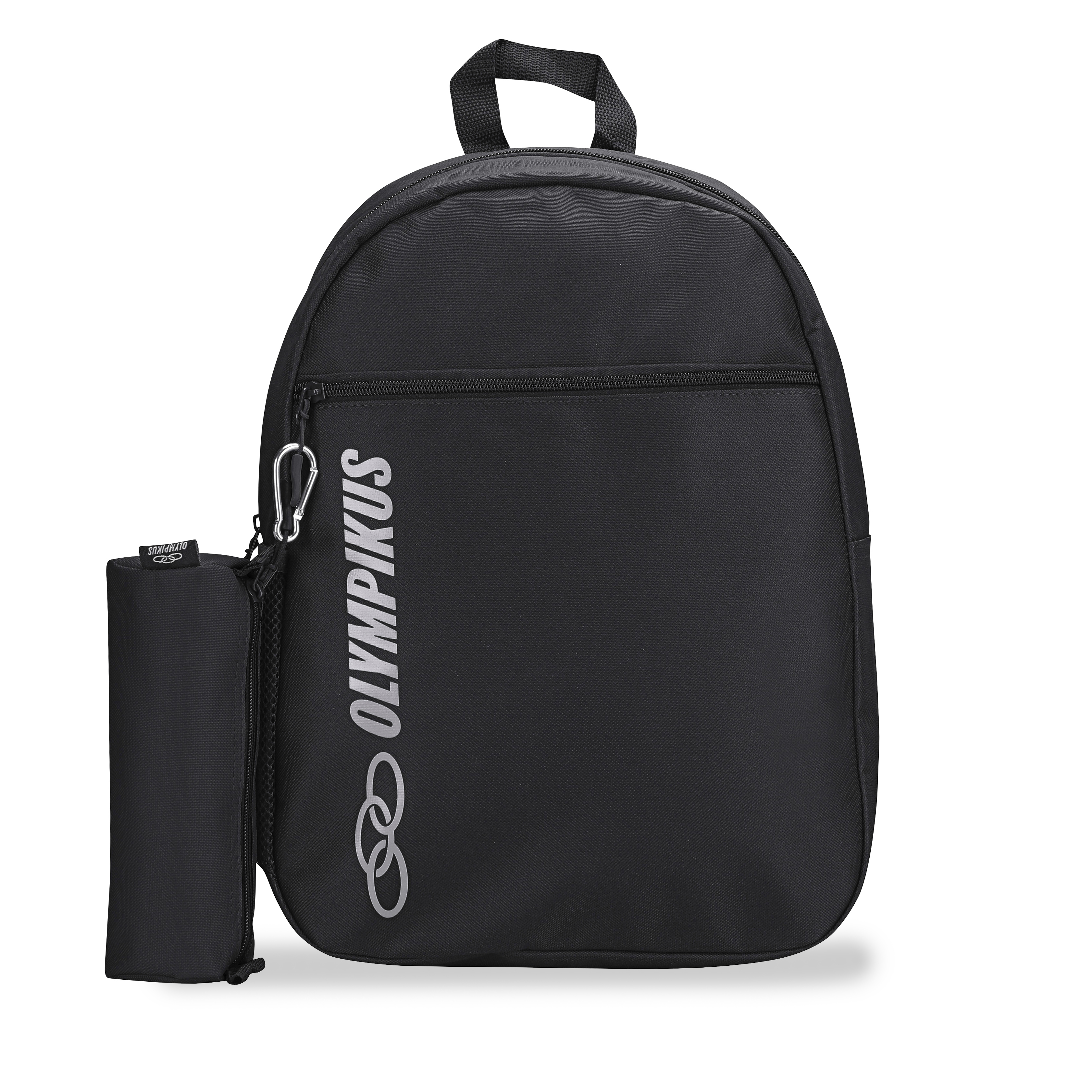 Mochila esportiva Olympikus preta vista frontal com bolso frontal e estojo cilíndrico preso